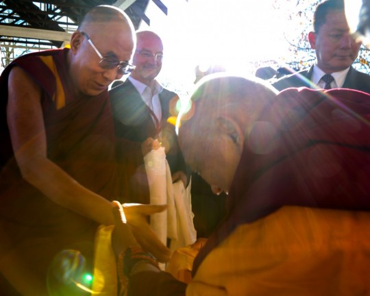 His Holiness the Dalai Lama being greeted  by Lama Zopa Rinpoche, Katoomba, NSW, Australia, June 2015. Photo by Ven. Thubten Kunsang.