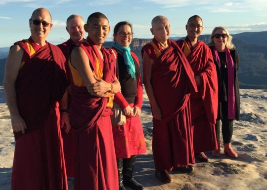 Lama Zopa Rinpoche with attendants and FPMT Australia students in the Blue Mountains near Sydney, Australia, June 2015. Photo by Ven. Roger Kunsang.