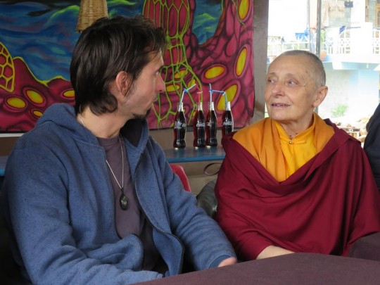 Osel and the pilgrimage visited Tushita Meditation Centre, in Dharamsala, India, April 14. During this time Jetsnuma Tenzin Palmo was teaching at the center and was happy to spend some time with Osel. 