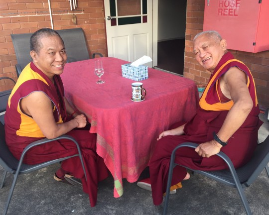 Lama Zopa Rinpoche with Geshe Samten, the resident teacher at Vajrayana Institute, Sydney, Australia, June 2015. Photo by Ven. Thubten Kunsang.