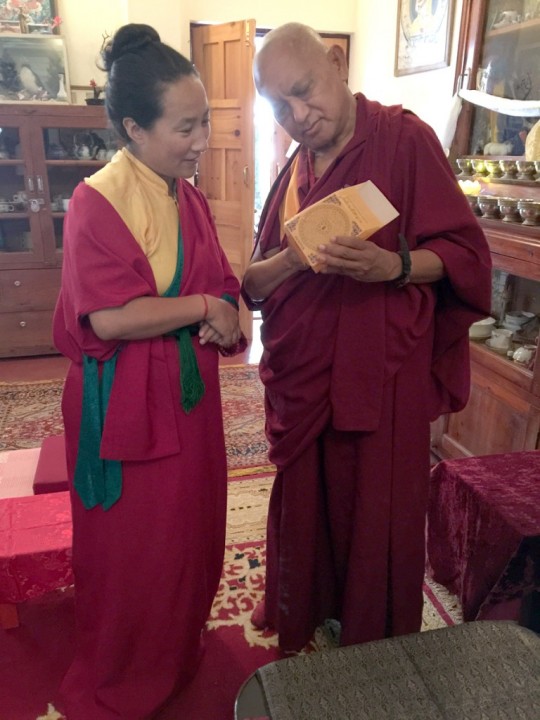 Lama Zopa Rinpoche with Khadro-la, Dharamsala, India, June 2015. Photo by Ven. Roger Kunsang.
