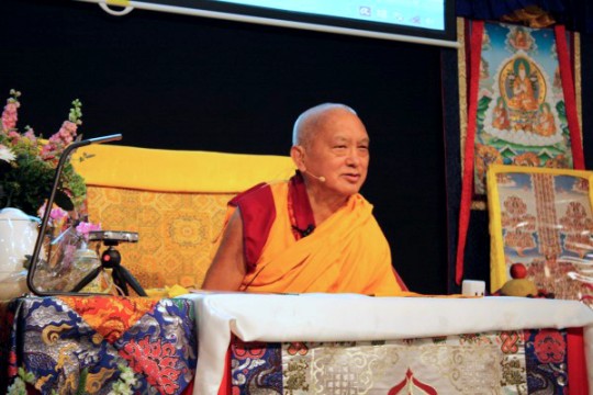 Lama Zopa Rinpoche teaching at Maitreya Instituut, Loenen, Netherlands, July 2015. Photo by Jan Paul Kool.