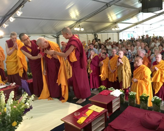 Lama Zopa Rinpoche at the beginning of a teaching at Maitreya Instituut, Netherlands, July 2015. Photo by Ven. Thubten Kunsang.