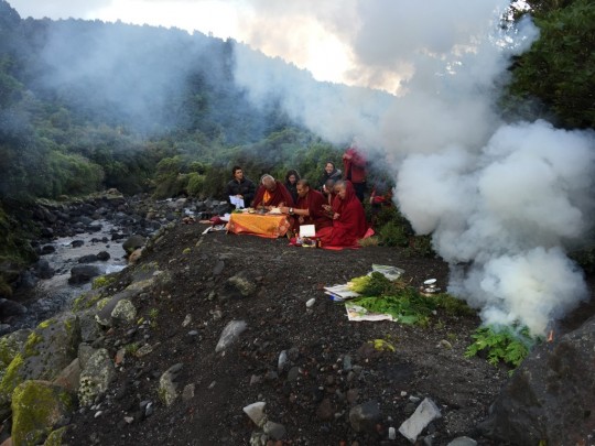 Lama Zopa Rinpoche doing puja at Mt. Taranaki, New Zealand, May 2015. Photo by Ven. Thubten Kunsang.