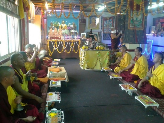 Fifteen monks from Gyume Monastery attended the consecration, Choe Khor Sum Line, Bangalore, India, April 2015. Photo by Jeffrey Butts.