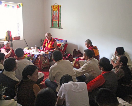 Lama Zopa Rinpoche giving  an oral transmission of the Vajra Cutter Sutra to Sherpas in New York City, US, August 2015. Photo by Ven. Lobsang Sherab.