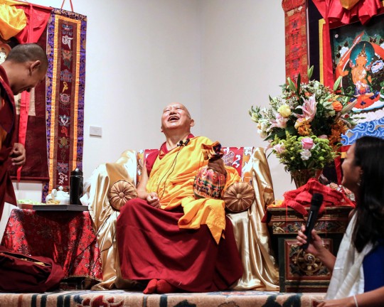 Lama Zopa Rinpoche during teaching at Tibet House with Ven. Sangpo Sherpa and Jennifer Kim, director of Shantideva Mediation Center, New York, NY, August 2015. Photo by Edward Sczudlo.