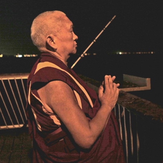 Lama Zopa Rinpoche blessing the Atlantic Ocean and all the creatures in it, New York, US, September 2015. Photo by Ven. Lobsang Sherab. 