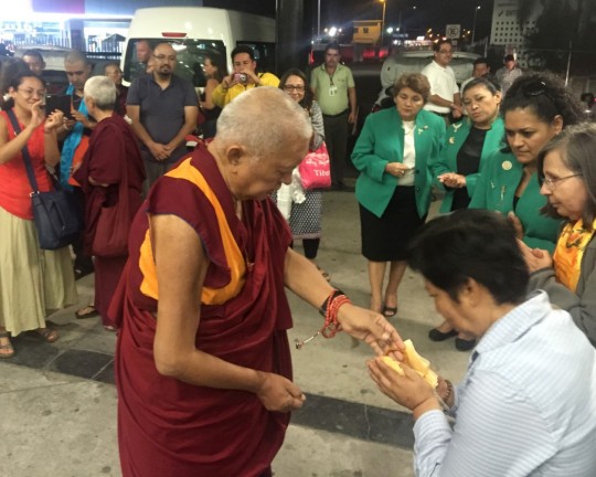 Lama Zopa Rinpoche arriving at the airport in Guadalajara, Mexico, September 2015. Photo by Ven. Roger Kunsang.