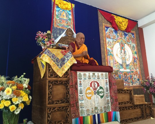 Lama Zopa Rinpoche doing Lama Chopa tsog during retreat in Mexico, September 2015. Photo by Ven. Roger Kunsang.