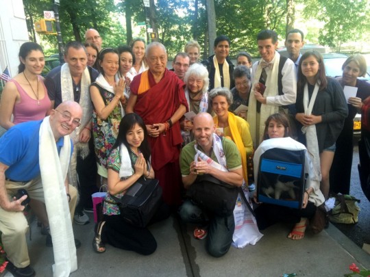 Lama Zopa Rinpoche being seen off In New York City by Shantideva Meditation Center students before his departure for Mexico, September 2015. Photo by Ven. Roger Kunsang.