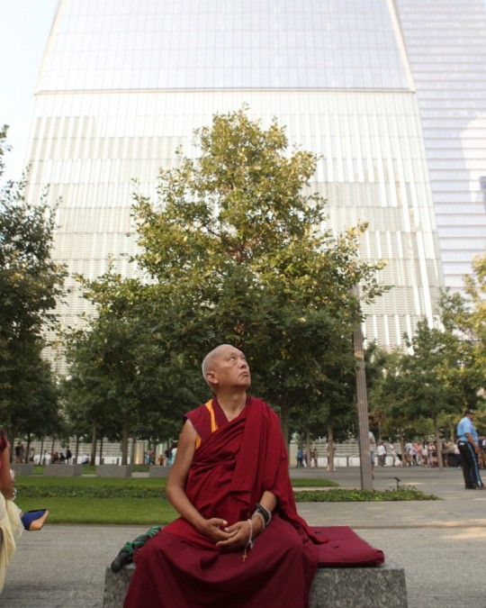 Lama Zopa Rinpoche at the 9/11 Memorial in New York City, US, September 2015. Photo by Ven. Lobsang Sherab.