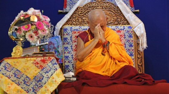 Lama Zopa Rinpoche on the teaching throne during the lam-rim retreat, Guadalajara, Mexico, September 2015. Photo by Ven. Thubten Kunsang.
