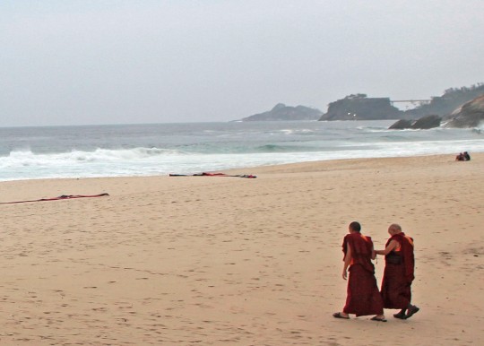 Lama Zopa Rinpoche on the beach in Rio de Janeiro, Brazil, September 2015. Photo by Ven. Lobsang Sherab.