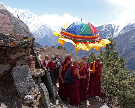 Lama Zopa Rinpoche during visit to Lawudo, Solu Khumbu, Nepal, April 4, 2015. Photo by Ven. Roger Kunsang.