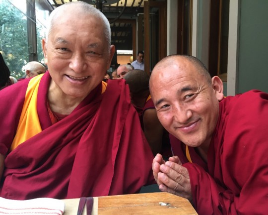 Lama Zopa Rinpoche with Geshe Kunkhen, resident geshe at Centro Yamantaka, Colombia, September 2015. Photo by Ven. Roger Kunsang.