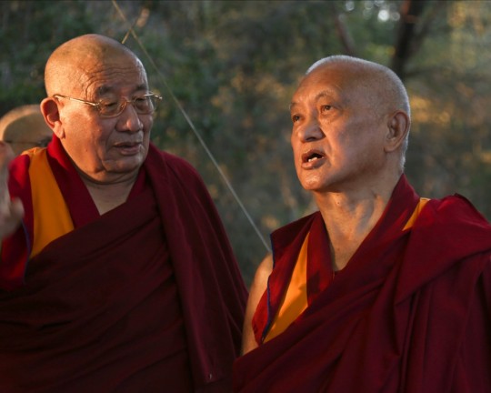 Lama Zopa Rinpoche and Geshe Ngawang Dakpa, resident geshe as Tse Chen Ling, during visit to Kachoe Chen Ling, Aptos, California, US, October 2015. Photo by Ven. Thubten Kunsang.