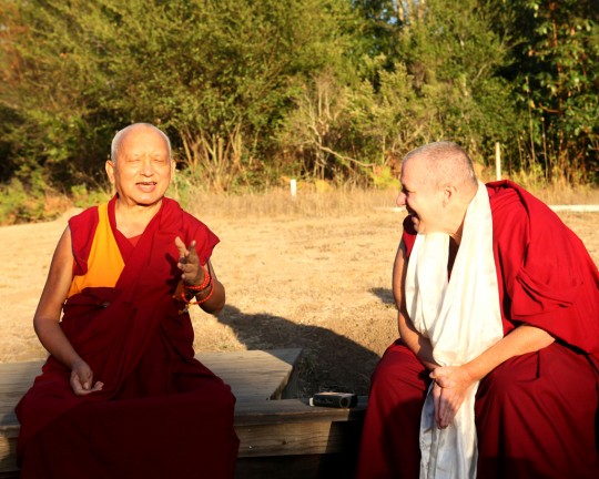 Lama Zopa Rinpoche with Ven. Gyalten Yanchen at Land of Medicine Buddha, California, October 2015. Photo by Ven. Lobsang Sherab.