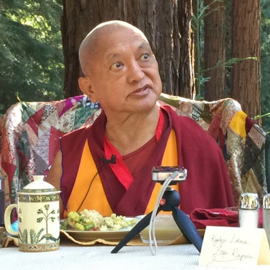 Lama Zopa Rinpoche during a lunch at Vajrapani Institute, California, US, November 2015. Photo  by Ven. Roger Kunsang.  