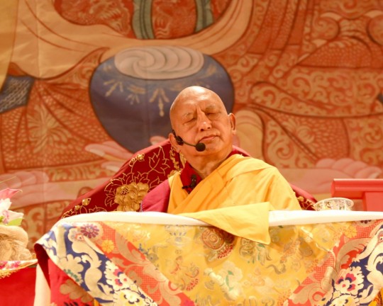 Lama Zopa Rinpoche teaching in Moscow, Russia, July 2015. Photo by Ven. Thubten Kunsang.