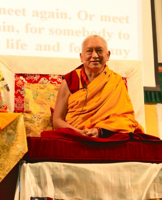 Lama Zopa Rinpoche teaching at the Light of the Path Retreat, May 2014, Black Mountain, NC. Photo by Ven. Photo by Ven. Thubten Kunsang. 