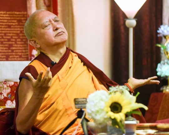 Lama Zopa Rinpoche at Gyalwa Gyatso (Ocean of Compassion) Buddhist Center, Campbell, California, US, November 2015. Photo by  Kurty Wong.