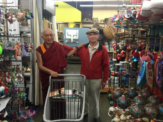 Lama Zopa Rinpoche with a new friend he met while shopping and to whom he gave a 30-minute introduction to Buddhism, California, US, October 2015. Photo by Ven. Roger Kunsang