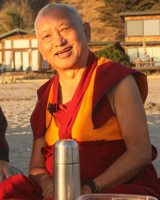 Lama Zopa Rinpoche on the beach to do blessing for all the sentient beings in the ocean, California, October 2015. Photo by Ven. Roger Kunsang.