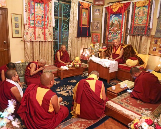 Lama Zopa Rinpoche meeting with senior monks and nuns after arriving at Kopan Monastery, Nepal, November 2015. Photo by Ven. Roger Kunsang.