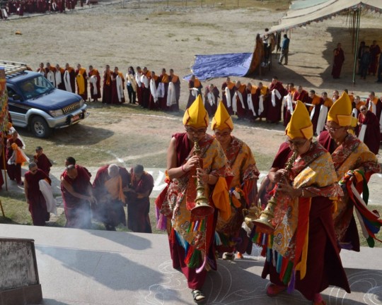 Rinpoche arriving at Kopan Nunnery for the birthday celebration, Nepal, December 3, 2015