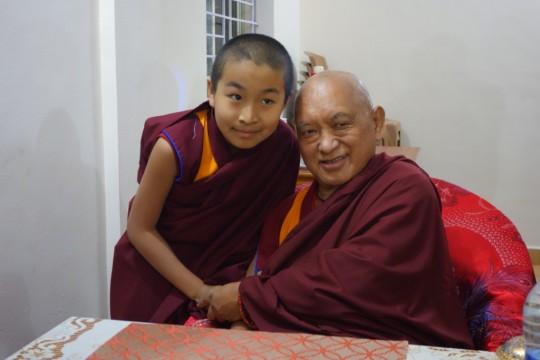 Lama Zopa Rinpoche with the incarnation of one of his teachers, Domo Rinpoche. 
