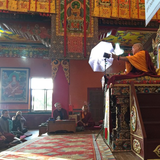 Lama Zopa Rinpoche teaching at the Kopan Course, Kopan Monastery, Nepal, December 2015. Photo by Ven. Roger Kunsang.