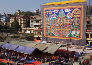 Gigantic Guru Rinpoche Thangka Displayed with 100,000 Tsog Offerings, Puja and Cham at Kopan Nunnery