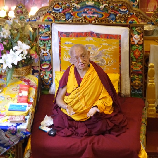 Lama Zopa Rinpoche teaching at Kopan Monastery, December 2015. Photo by Ven. Roger Kunsang.