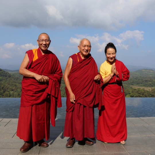 Lama Zopa Rinpoche with Dagri Rinpoche and Khadro-la, South India, December 2015. Photo by Ven. Thubten Kunsang.
