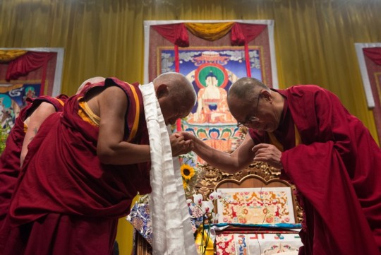 Lama Zopa Rinpoche with His Holiness the Dalai Lama. Italy, 2014. Photo by Matteo Passigato. 