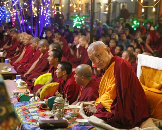 Lama Zopa Rinpoche during a Lama Chopa tsog in the garden of the Kopan House at Sera Je Monastery, India, December 20, 2015. Photo by Ven. Thubten Kunsang.