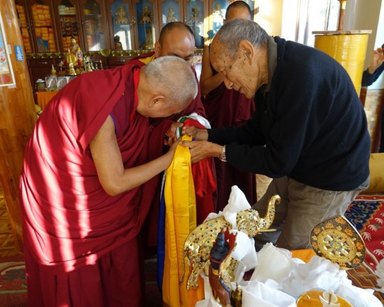 Lama Zopa Rinpoche with Khyongla Rato Rinpoche after making offering and receiving oral transmissions, Osel Labrang, Sera Monastery, India, January 2016. Photo by Ven. Roger Kunsang.