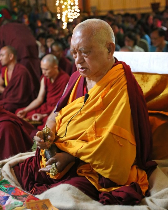 Lama Zopa Rinpoche at Lama Chopa Puja at Kopan House, Sera Monastery, India, December 2015. Photo by Ven. Thubten Kunsang. 