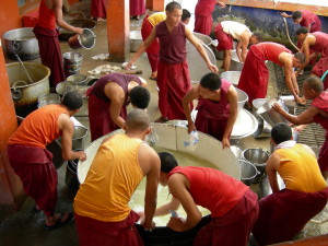 The monks have to work very hard with big equipment and huge quantities of food to help offer three meals every day. 