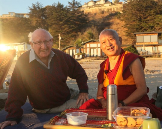 Lama Zopa Rinpoche with Richard, the father of long-time FPMT student Pam Cayton, California, October 2015. Photo by Ven. Roger Kunsang.
