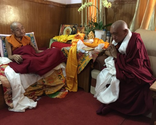Dhakpa Tulku Rinpoche being visited by Lama Zopa Rinpoche, India, December 2015. Photo by Ven. Roger Kunsang.
