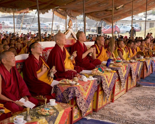 (Left to right) Kontsak Rinpoche, Lama Zopa Rinpoche, Chokyi Nyima Rinpoche and Khen Rinpoche Geshe Chonyi during a Guru Rinpoche puja at Kopan Nunnary, Nepal, December 2015. Photo by Bill Kane.