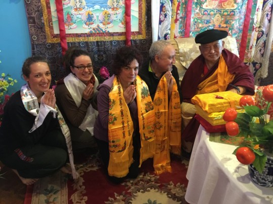 Lama Zopa Rinpoche in txapela with Spanish students, Kopan Monastery, Nepal, November 2015. Photo by Ven. Roger Kunsang.
