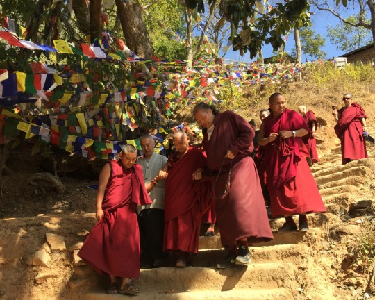 Lama Zopa Rinpoche at Maratika Cave, Nepal, February 2016. Photo by Ven. Lobsang Sherab.