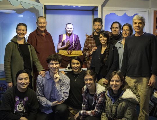 Members of the Vajrapani community with the new statue of Lama Yeshe. 