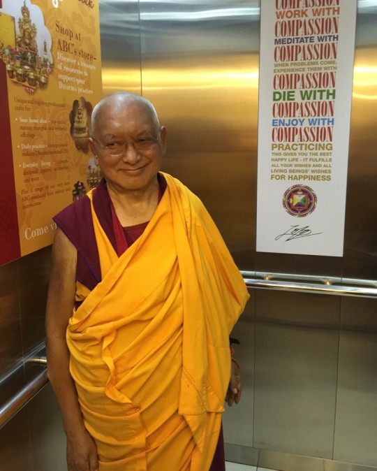 Lama Zopa Rinpoche at Amitabha Buddhist Centre, Singapore, March 2016. Photo by  Ven. Roger Kunsang.