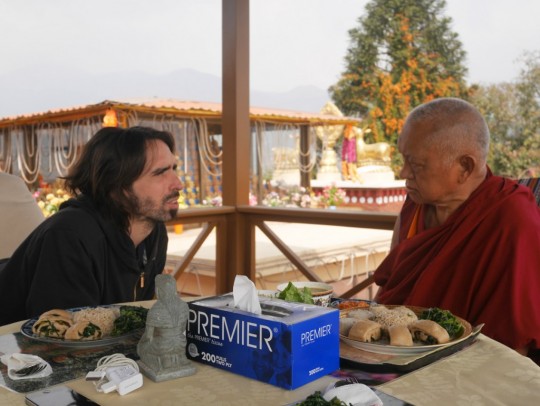Lama Zopa Rinpoche having lunch with Tenzin Osel Hita, Kopan Monastery, Nepal, February 2016