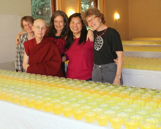 Group water bowl retreat participants Inge Eijkhout, Ven. Tenzin Chodron, Diana Carroll, Jaclyn Yip, Annette van Citters, March 2014. Photo courtesy of Maitreya Instituut.