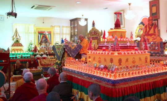 Rinpoche leading Hayagriva tsog kong puja at Chokyi Gyaltsen Center in Penang, Malaysia, March 2016. Photo by Ven. Lobsang Sherab.